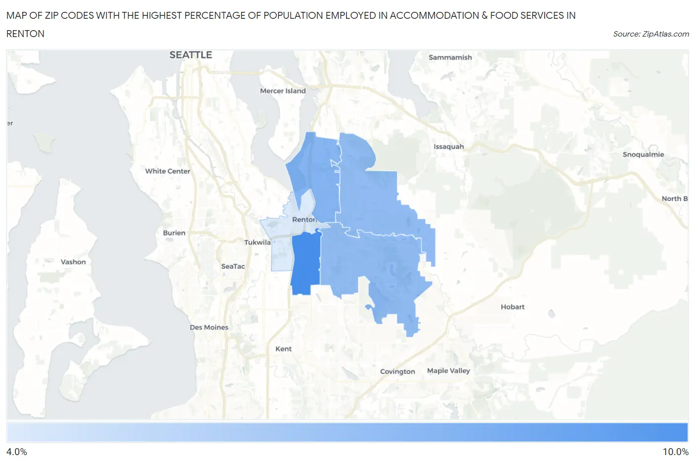 Zip Codes with the Highest Percentage of Population Employed in Accommodation & Food Services in Renton Map