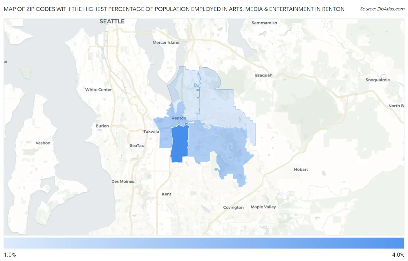 Zip Codes with the Highest Percentage of Population Employed in Arts, Media & Entertainment in Renton Map