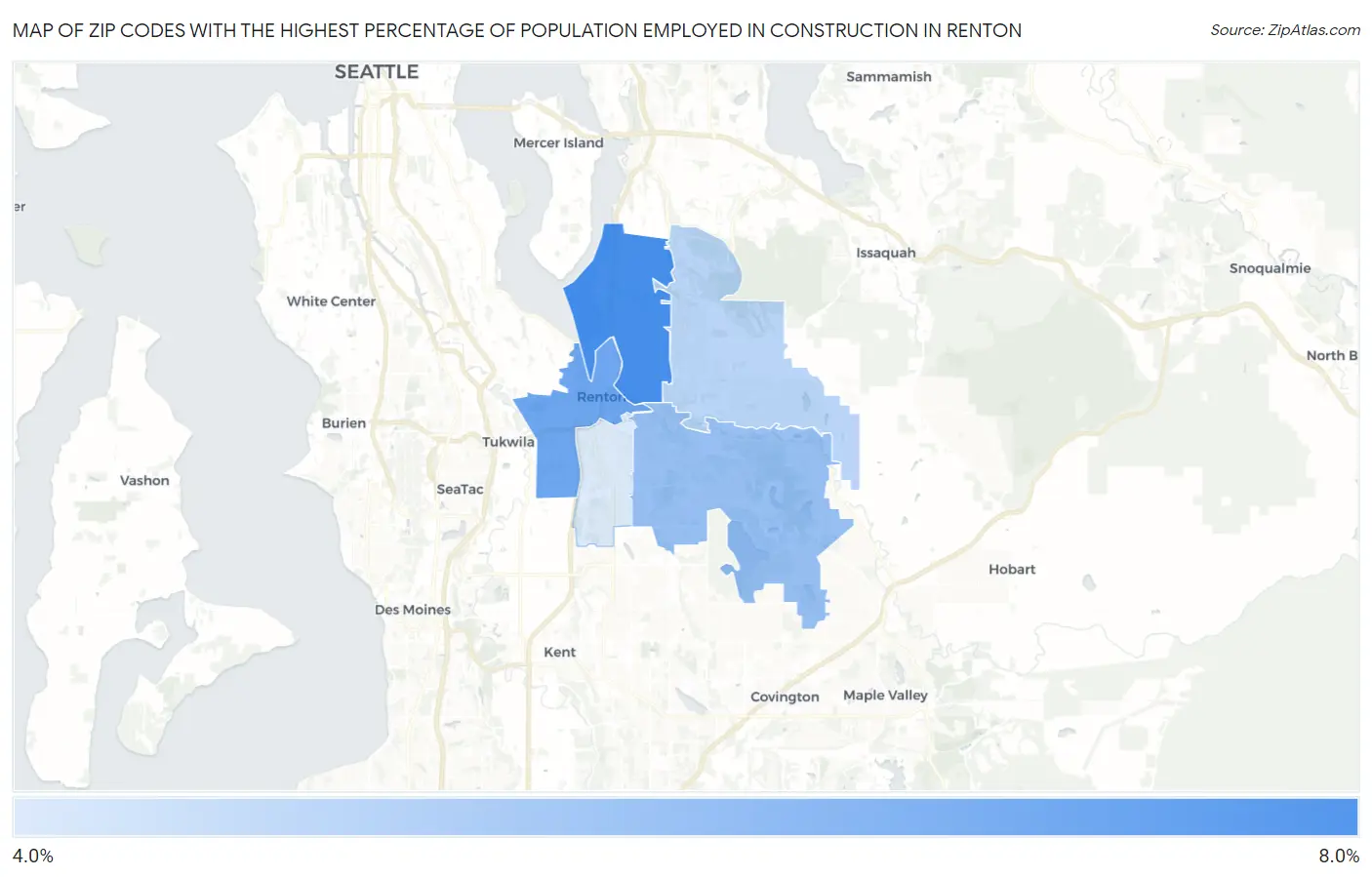Zip Codes with the Highest Percentage of Population Employed in Construction in Renton Map