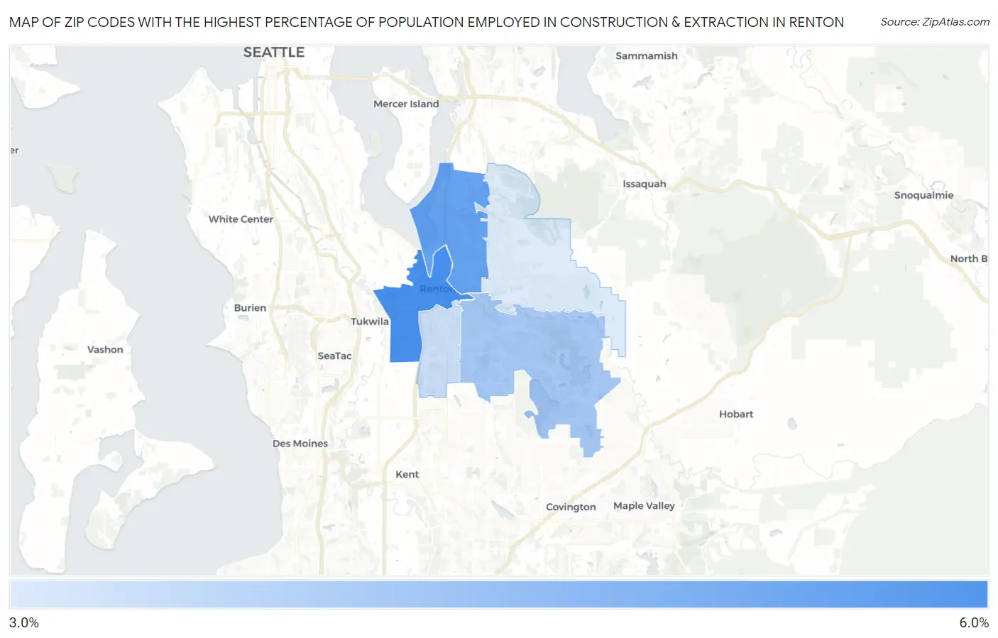 Zip Codes with the Highest Percentage of Population Employed in Construction & Extraction in Renton Map
