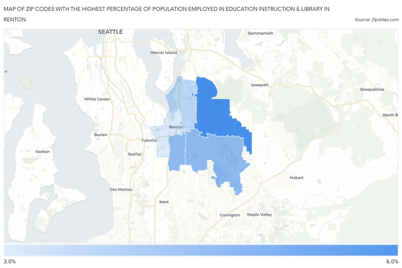 Zip Codes with the Highest Percentage of Population Employed in Education Instruction & Library in Renton Map