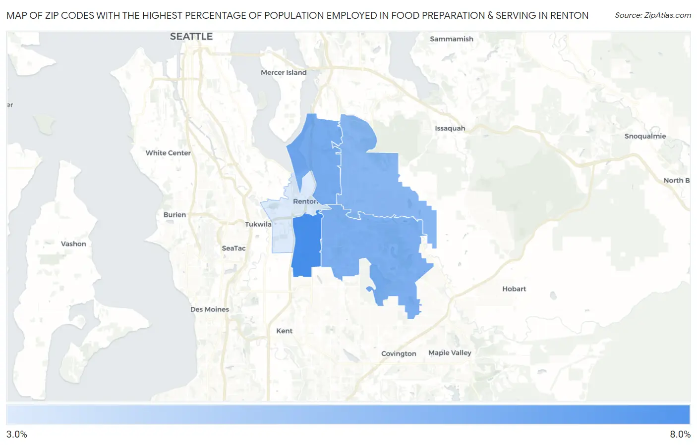 Zip Codes with the Highest Percentage of Population Employed in Food Preparation & Serving in Renton Map
