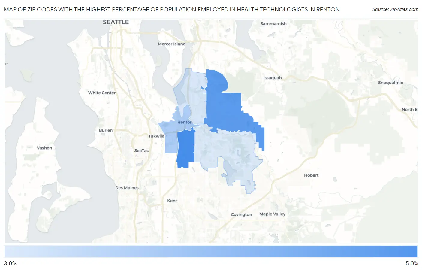 Zip Codes with the Highest Percentage of Population Employed in Health Technologists in Renton Map