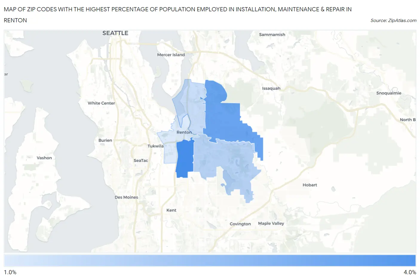 Zip Codes with the Highest Percentage of Population Employed in Installation, Maintenance & Repair in Renton Map
