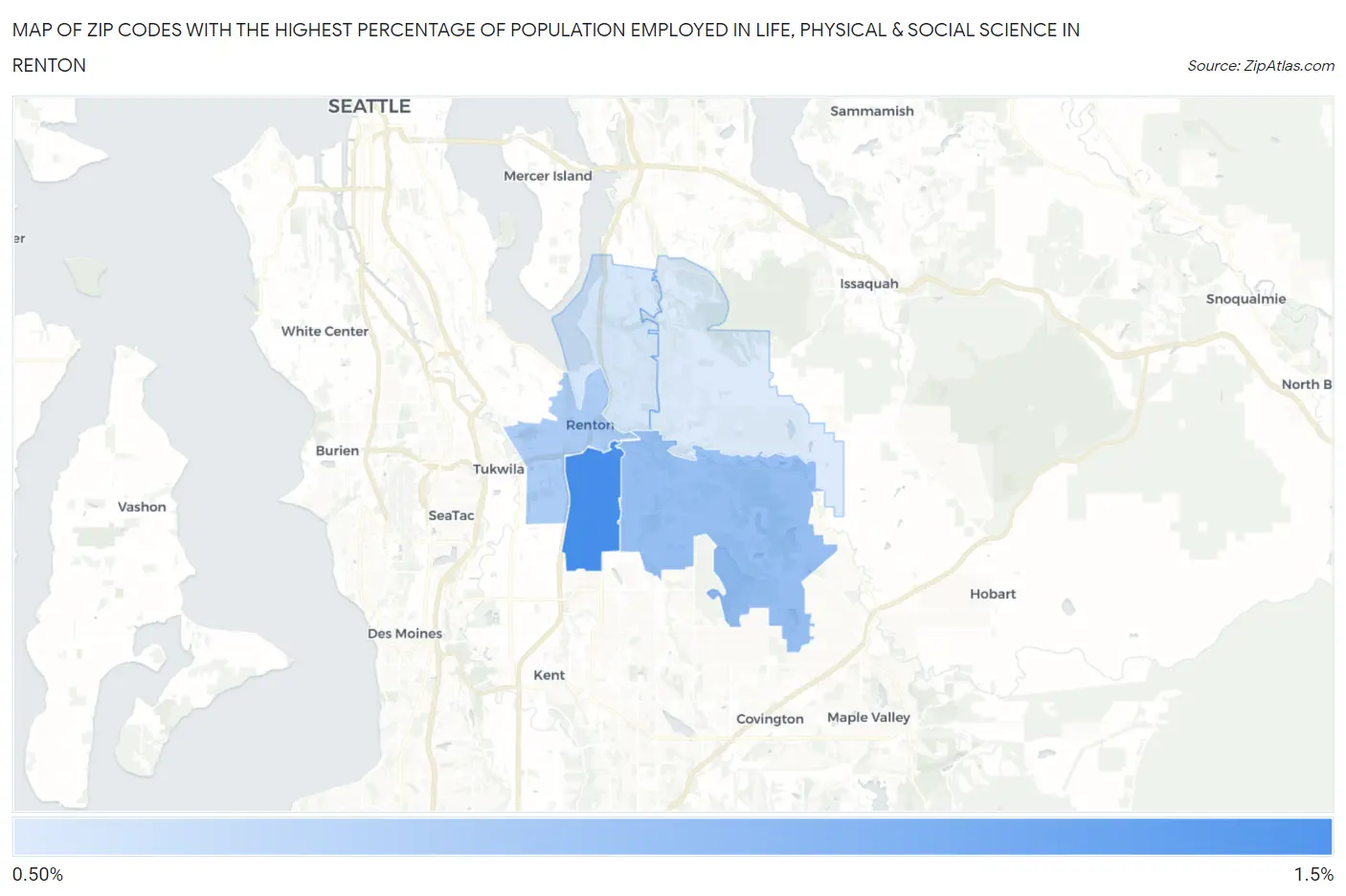 Zip Codes with the Highest Percentage of Population Employed in Life, Physical & Social Science in Renton Map