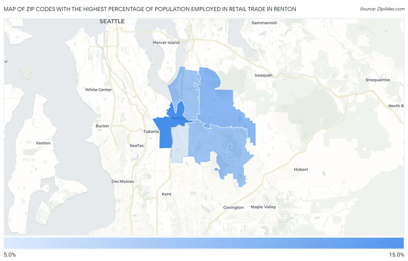 Zip Codes with the Highest Percentage of Population Employed in Retail Trade in Renton Map