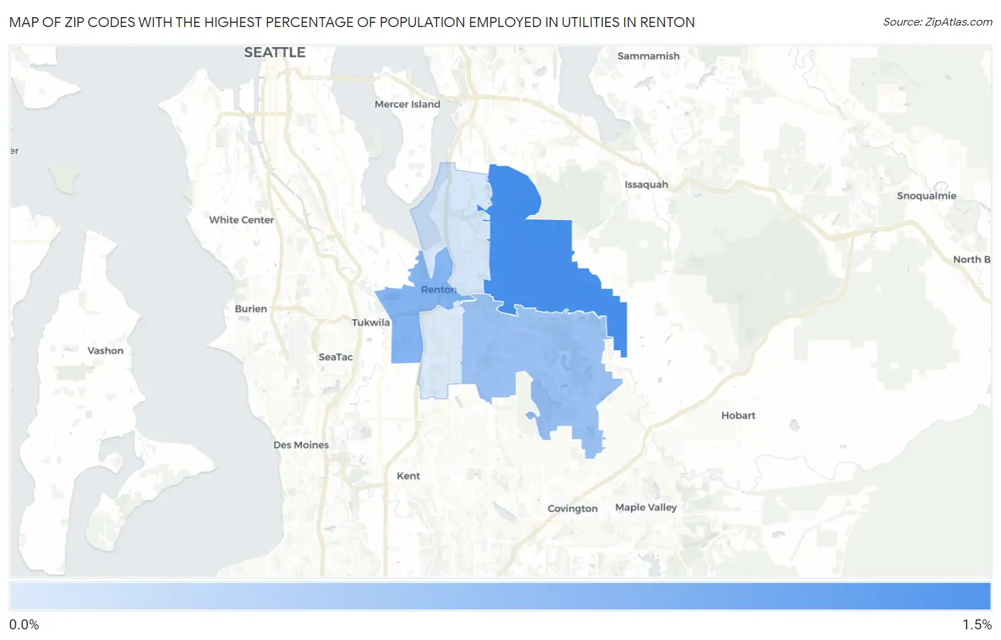 Zip Codes with the Highest Percentage of Population Employed in Utilities in Renton Map