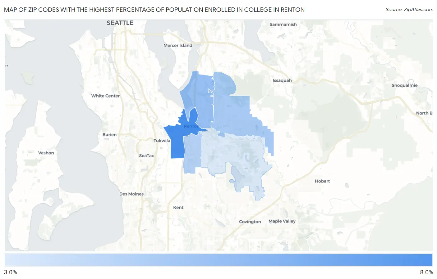 Zip Codes with the Highest Percentage of Population Enrolled in College in Renton Map