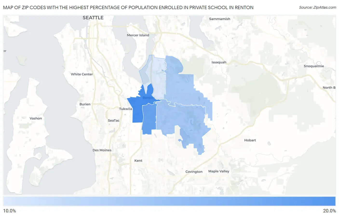 Zip Codes with the Highest Percentage of Population Enrolled in Private School in Renton Map