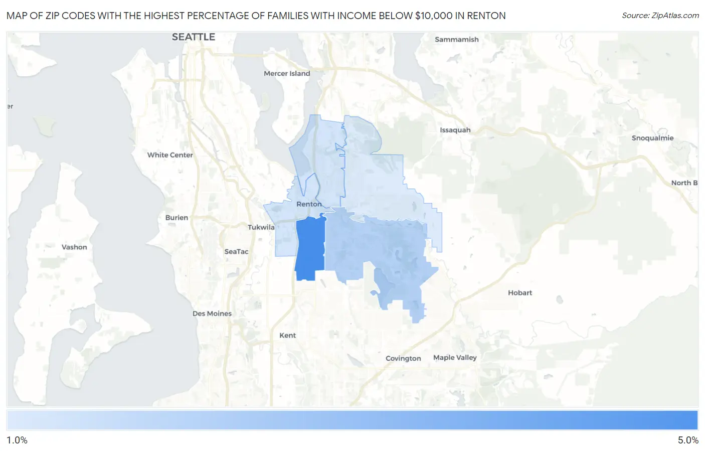 Zip Codes with the Highest Percentage of Families with Income Below $10,000 in Renton Map