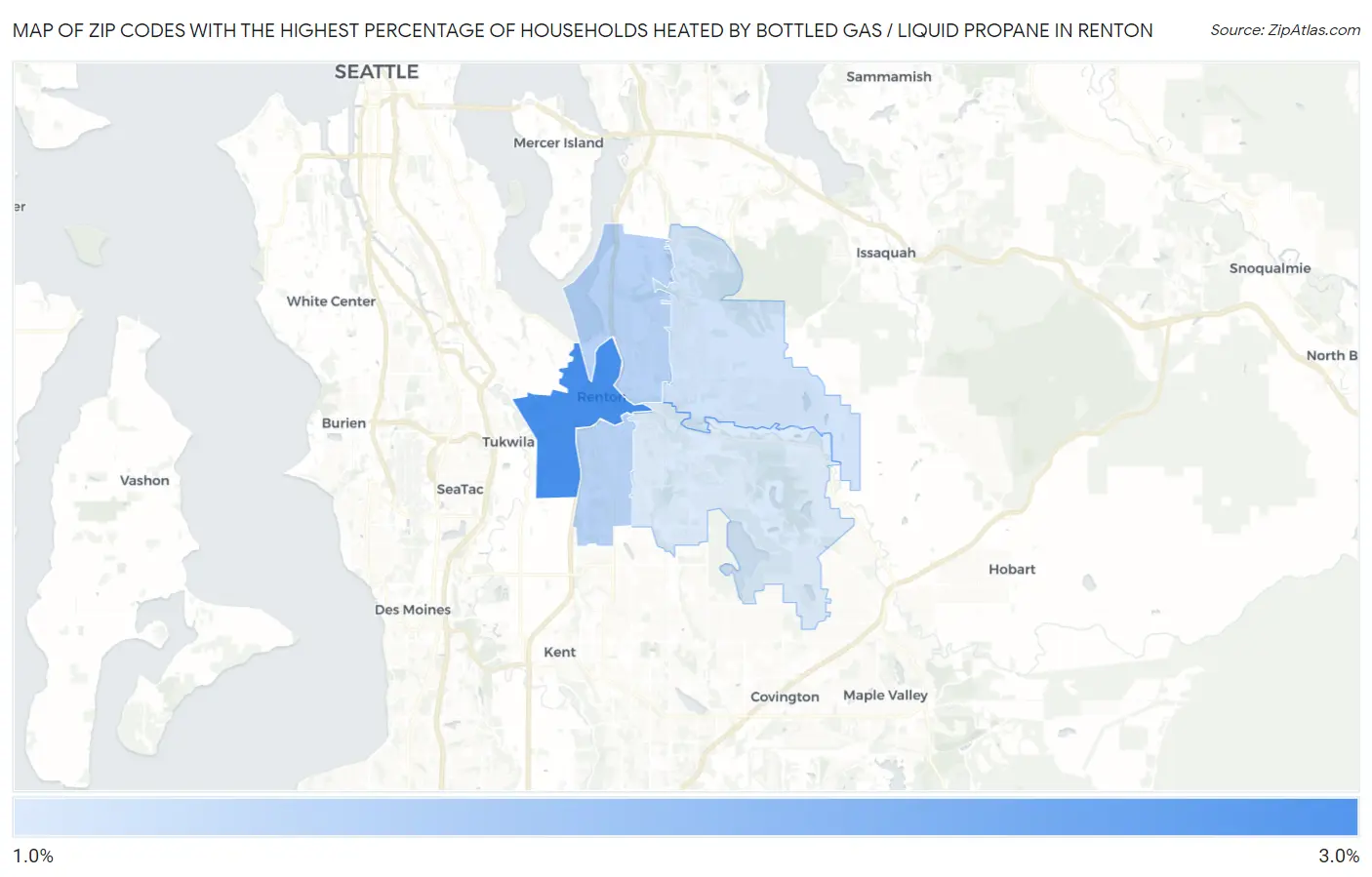 Zip Codes with the Highest Percentage of Households Heated by Bottled Gas / Liquid Propane in Renton Map