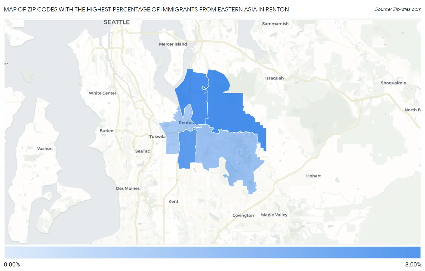 Zip Codes with the Highest Percentage of Immigrants from Eastern Asia in Renton Map