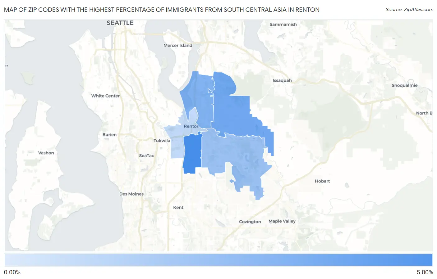 Zip Codes with the Highest Percentage of Immigrants from South Central Asia in Renton Map