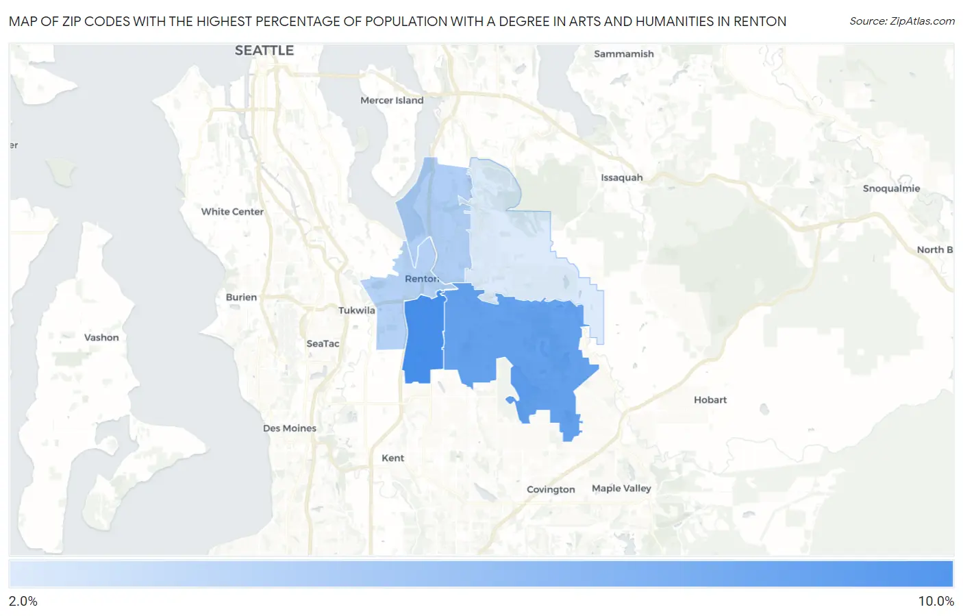 Zip Codes with the Highest Percentage of Population with a Degree in Arts and Humanities in Renton Map