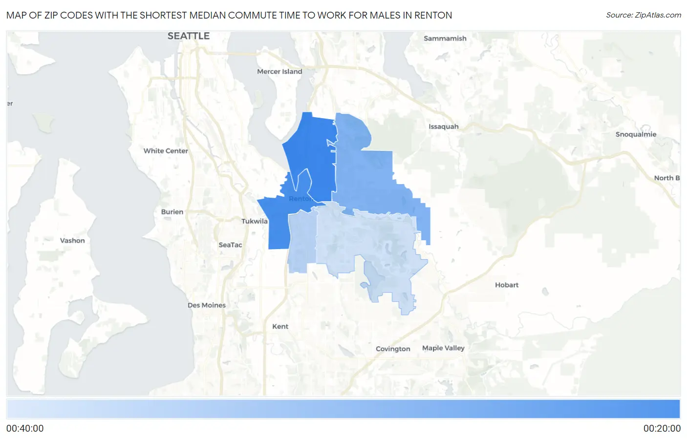 Zip Codes with the Shortest Median Commute Time to Work for Males in Renton Map