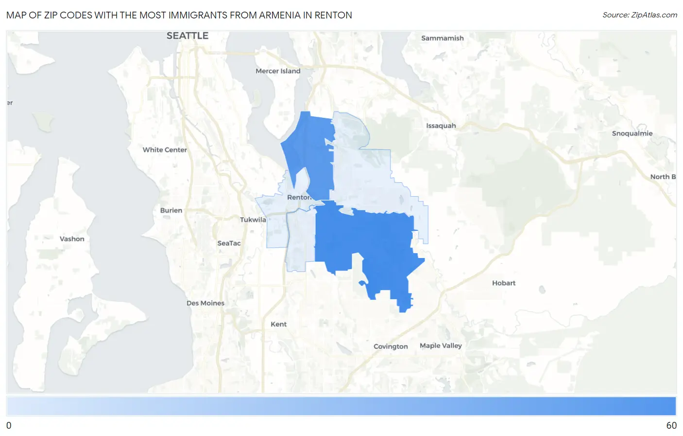 Zip Codes with the Most Immigrants from Armenia in Renton Map