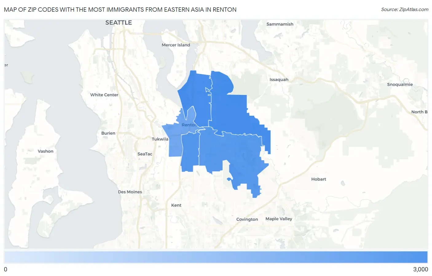 Zip Codes with the Most Immigrants from Eastern Asia in Renton Map