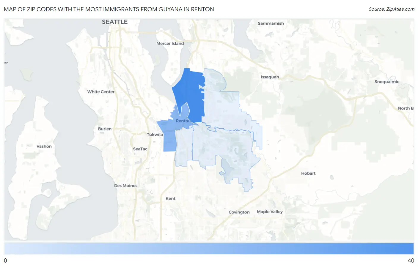 Zip Codes with the Most Immigrants from Guyana in Renton Map