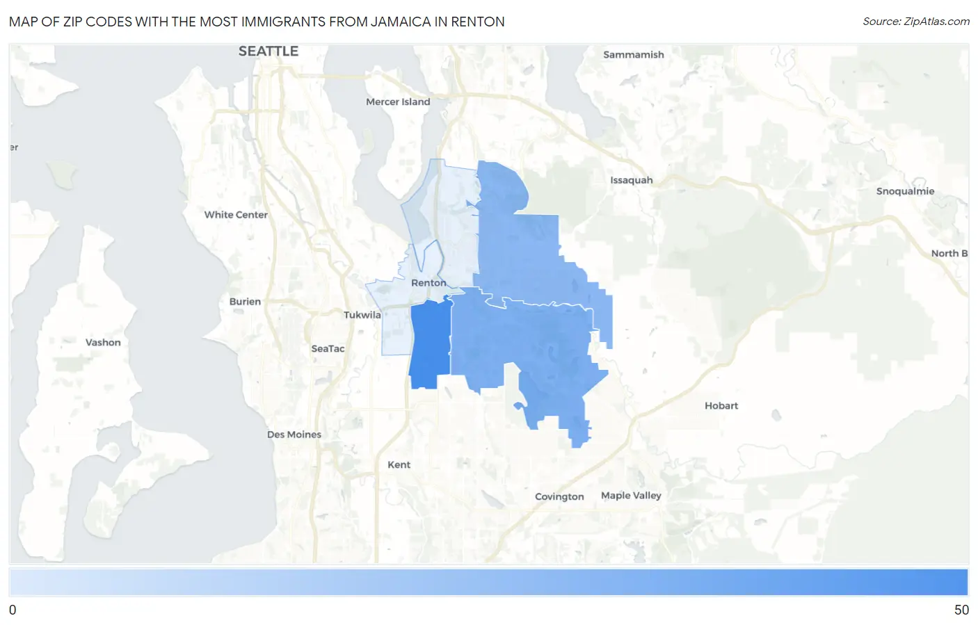 Zip Codes with the Most Immigrants from Jamaica in Renton Map