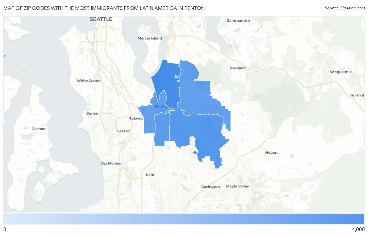 Zip Codes with the Most Immigrants from Latin America in Renton Map
