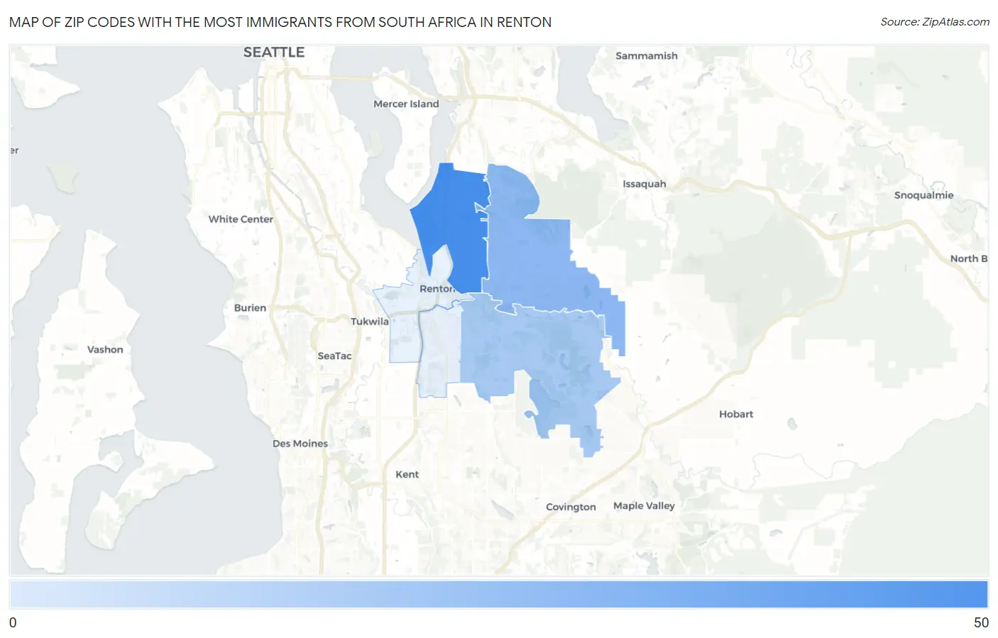 Zip Codes with the Most Immigrants from South Africa in Renton Map