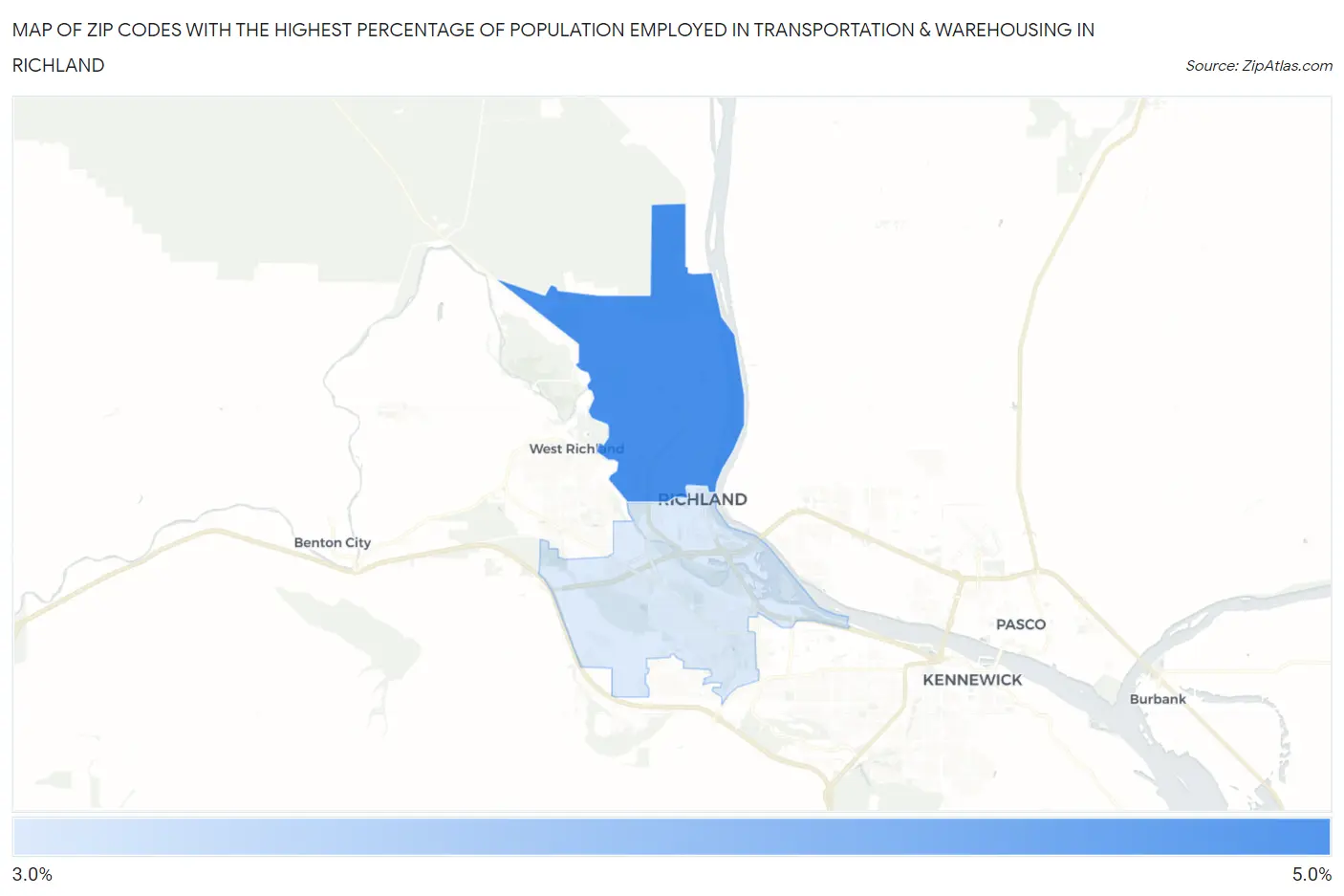 Zip Codes with the Highest Percentage of Population Employed in Transportation & Warehousing in Richland Map