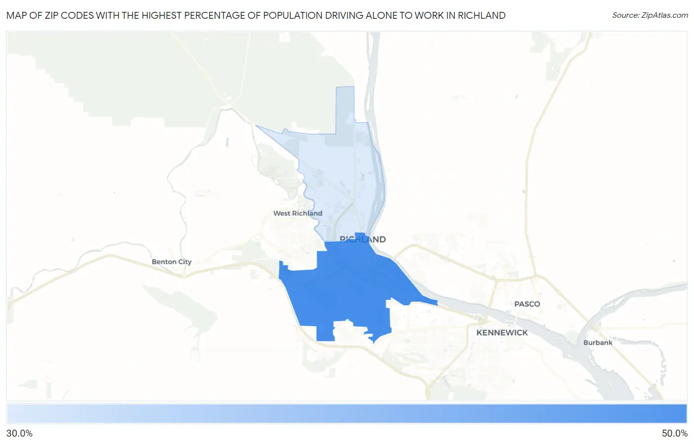 Zip Codes with the Highest Percentage of Population Driving Alone to Work in Richland Map