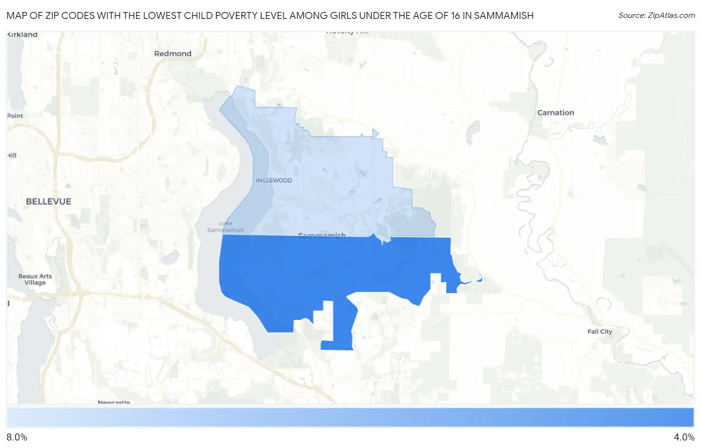 Zip Codes with the Lowest Child Poverty Level Among Girls Under the Age of 16 in Sammamish Map