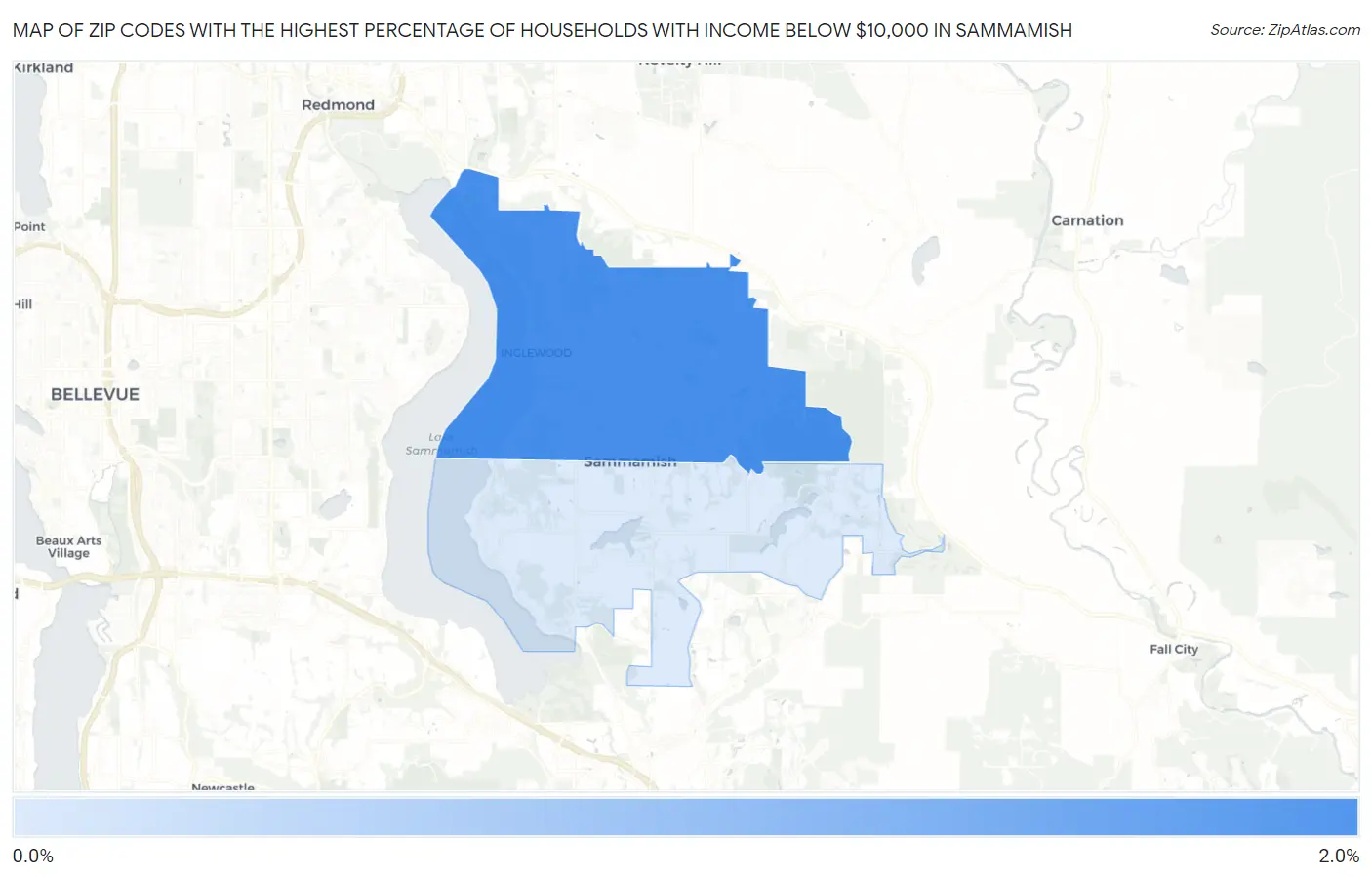 Zip Codes with the Highest Percentage of Households with Income Below $10,000 in Sammamish Map