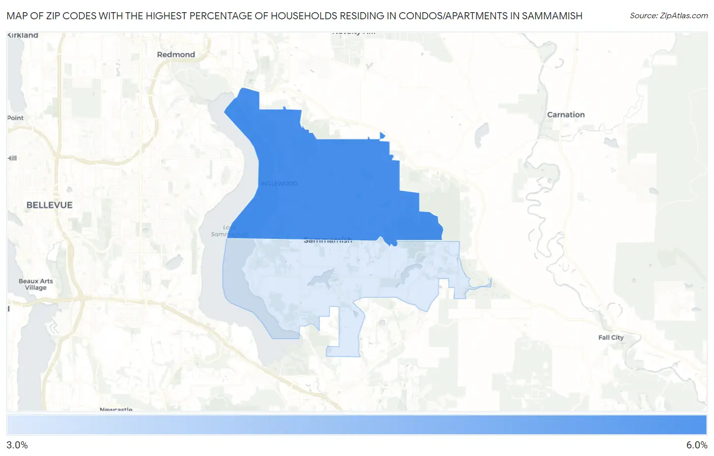 Zip Codes with the Highest Percentage of Households Residing in Condos/Apartments in Sammamish Map