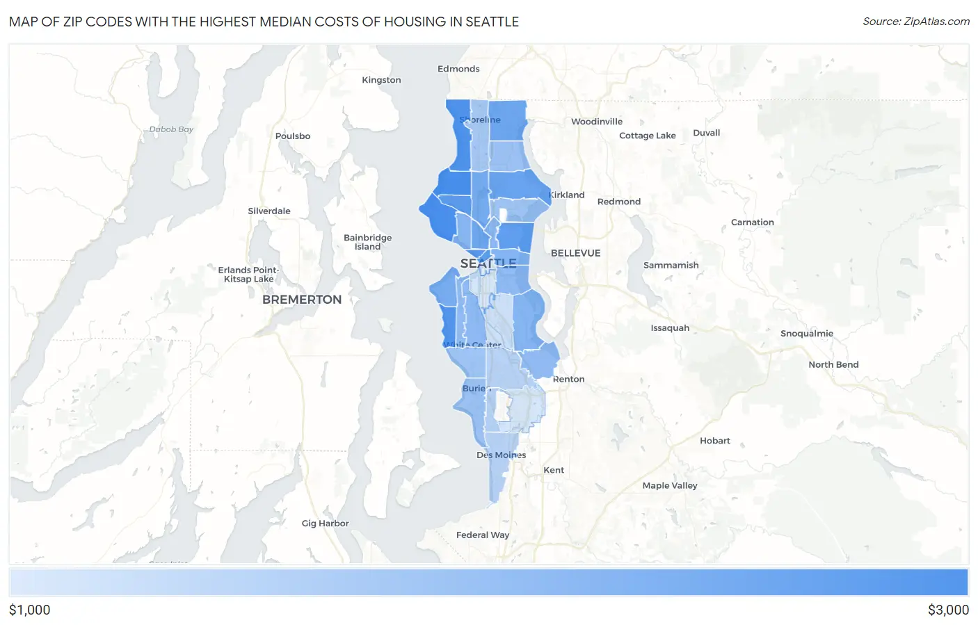 Zip Codes with the Highest Median Costs of Housing in Seattle Map