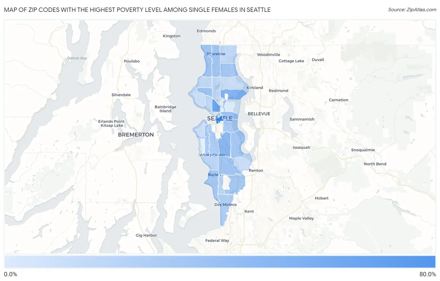 Zip Codes with the Highest Poverty Level Among Single Females in Seattle Map