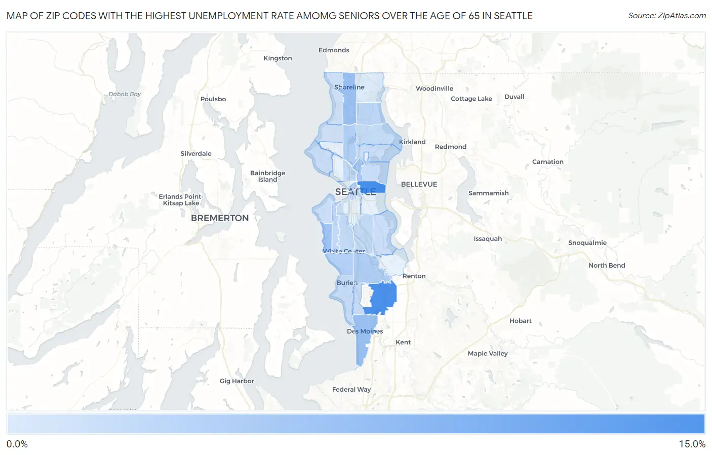 Zip Codes with the Highest Unemployment Rate Amomg Seniors Over the Age of 65 in Seattle Map