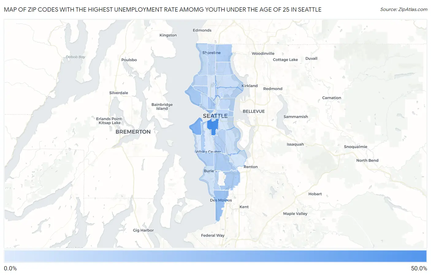 Zip Codes with the Highest Unemployment Rate Amomg Youth Under the Age of 25 in Seattle Map