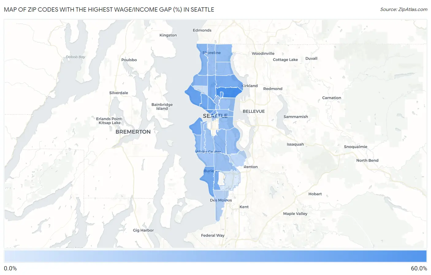 Zip Codes with the Highest Wage/Income Gap (%) in Seattle Map