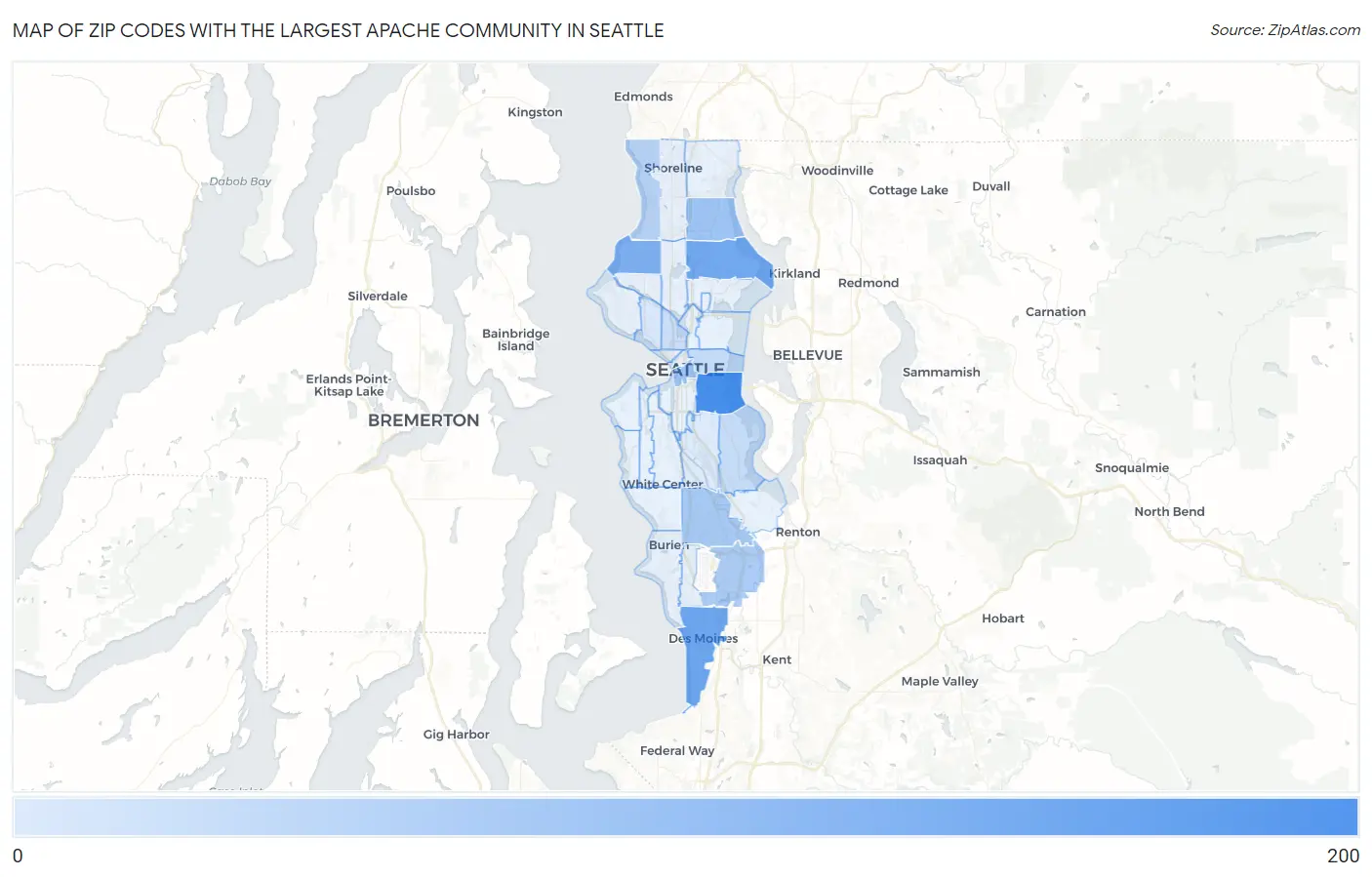 Zip Codes with the Largest Apache Community in Seattle Map
