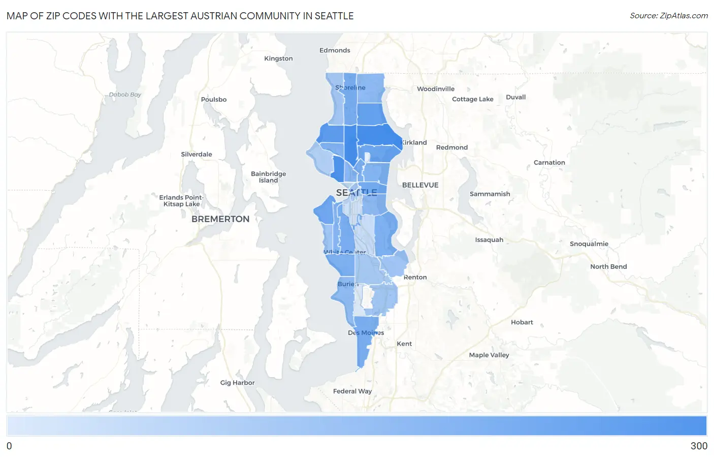 Zip Codes with the Largest Austrian Community in Seattle Map