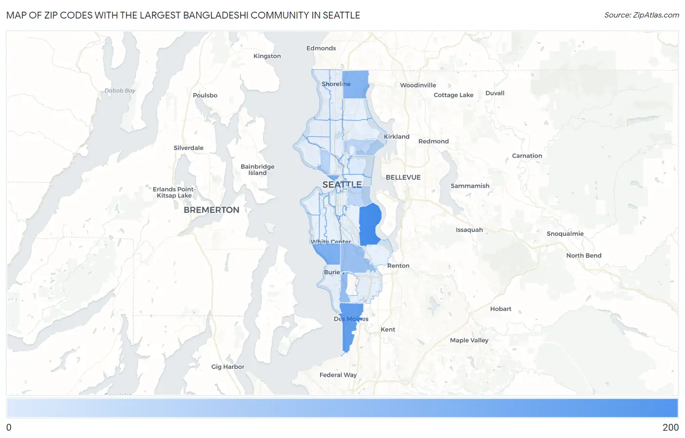Zip Codes with the Largest Bangladeshi Community in Seattle Map