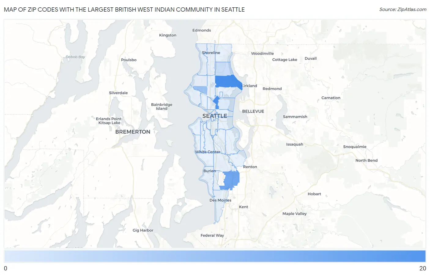 Zip Codes with the Largest British West Indian Community in Seattle Map