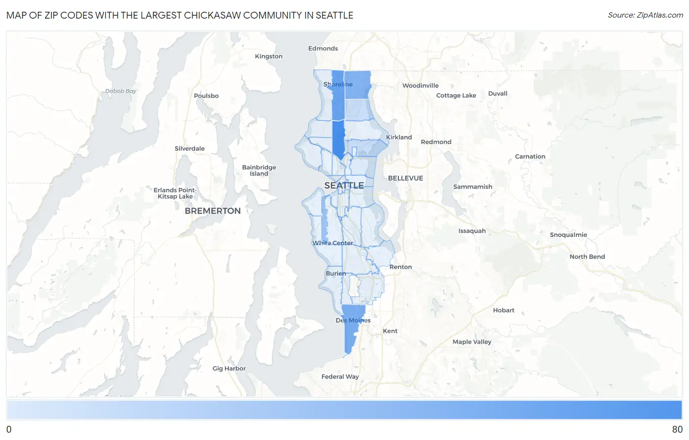 Zip Codes with the Largest Chickasaw Community in Seattle Map