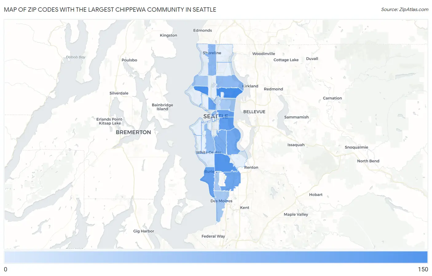 Zip Codes with the Largest Chippewa Community in Seattle Map