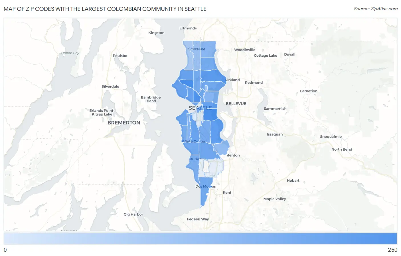 Zip Codes with the Largest Colombian Community in Seattle Map