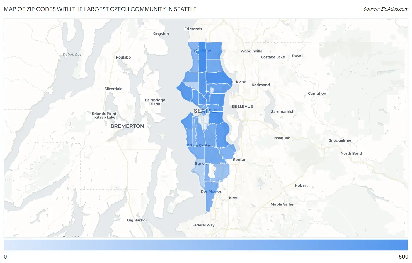 Zip Codes with the Largest Czech Community in Seattle Map