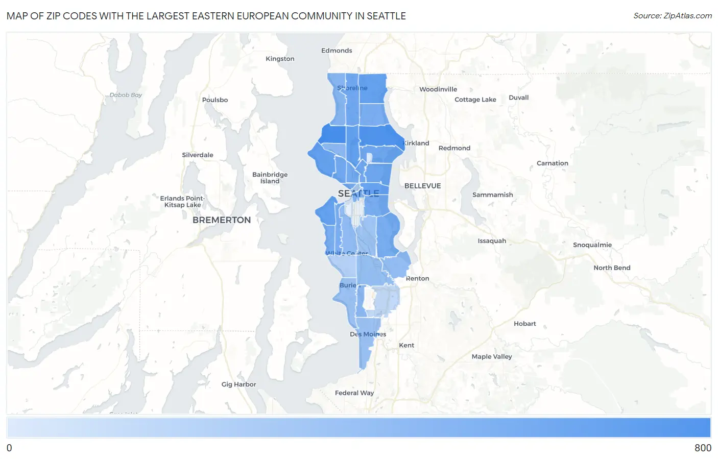 Zip Codes with the Largest Eastern European Community in Seattle Map