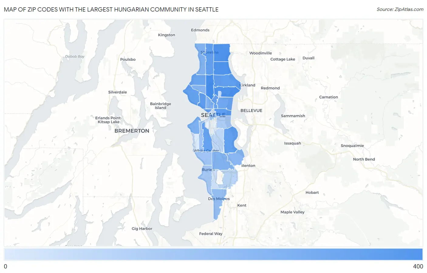 Zip Codes with the Largest Hungarian Community in Seattle Map