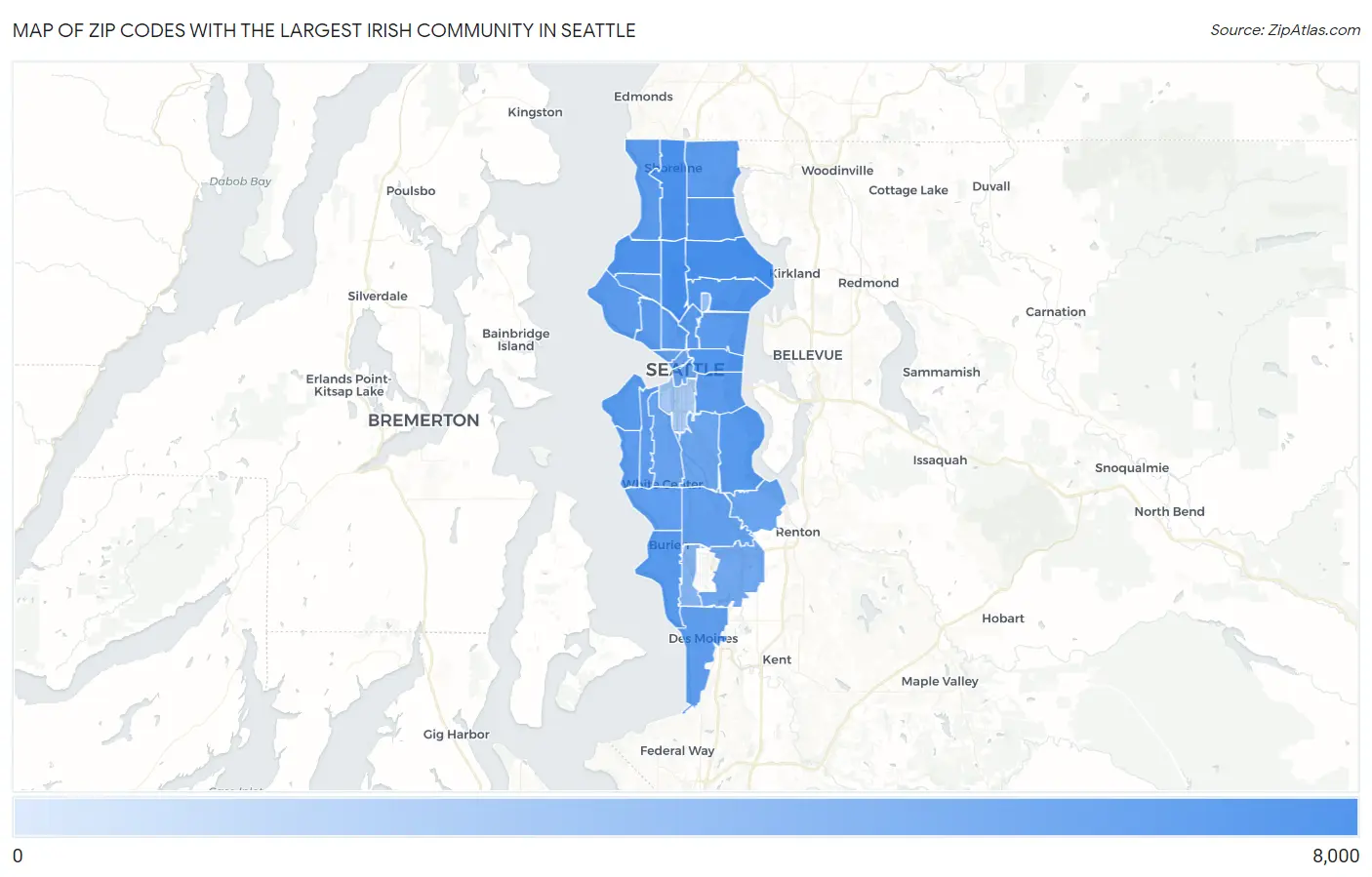 Zip Codes with the Largest Irish Community in Seattle Map