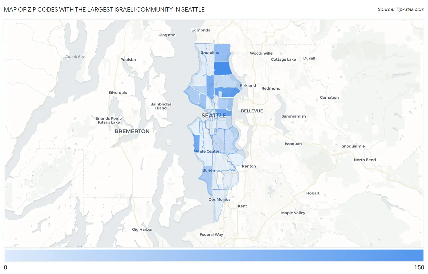 Zip Codes with the Largest Israeli Community in Seattle Map
