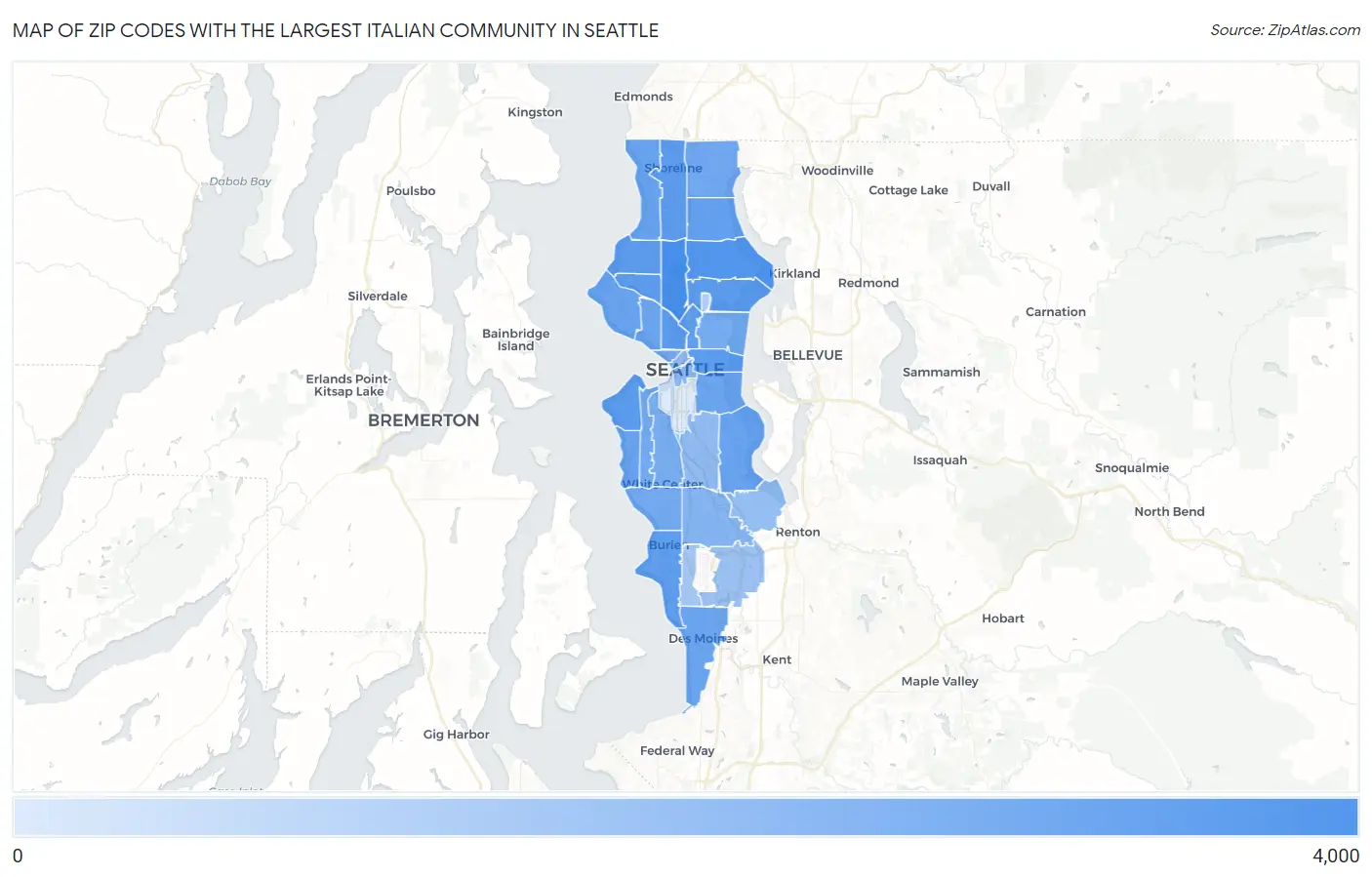 Zip Codes with the Largest Italian Community in Seattle Map