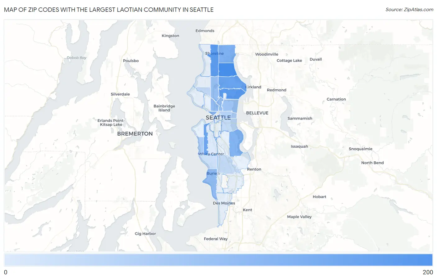 Zip Codes with the Largest Laotian Community in Seattle Map