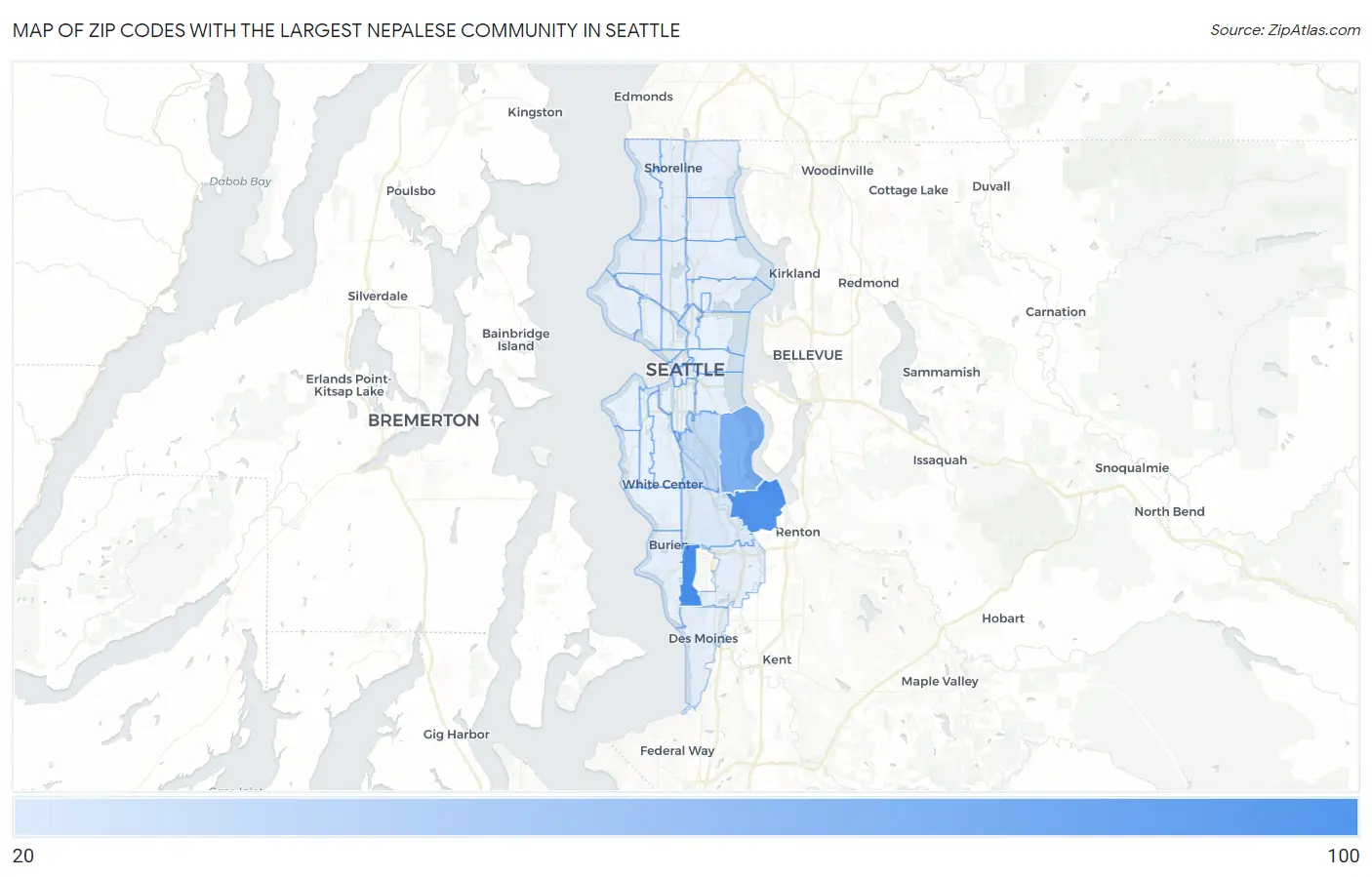 Zip Codes with the Largest Nepalese Community in Seattle Map